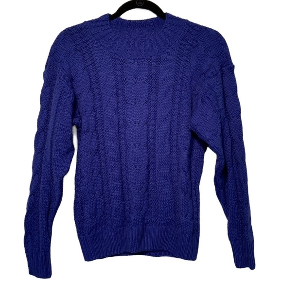 Blue Chunky Cable Knit Sweater Crew Neck Size Small Made in USA - Picture 1 of 7